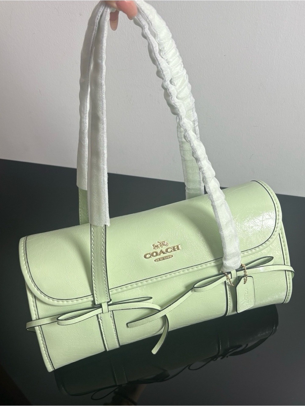 Coach Pale Mint Green Leather Shoulder Bag with Bow Straps - Picture 2 of 8